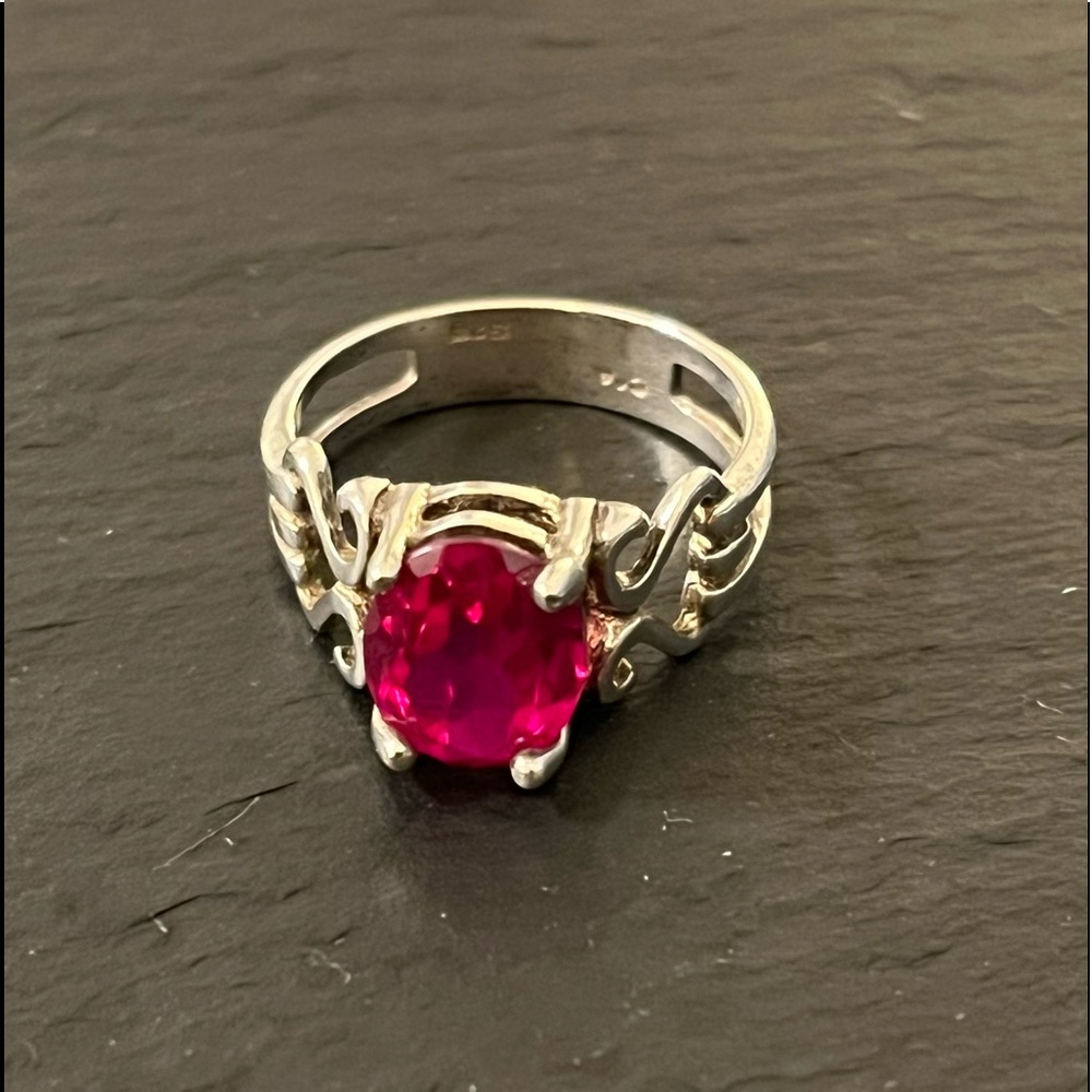 C^A 825 Silver 2 Carat Lab Created Oval Ruby Scroll Ring Size 7